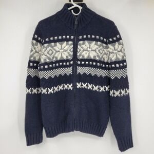 Paolo Mondo Navy Blue Fair Isle Snowflake Full Zip Knit‎ Sweater Made in Italy S